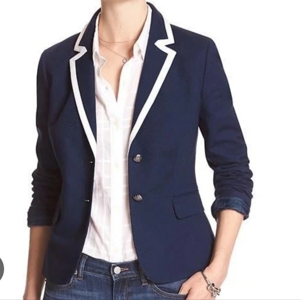 Banana Republic Navy Blue Blazer with White Trim Prep Preppy Academia Old Money